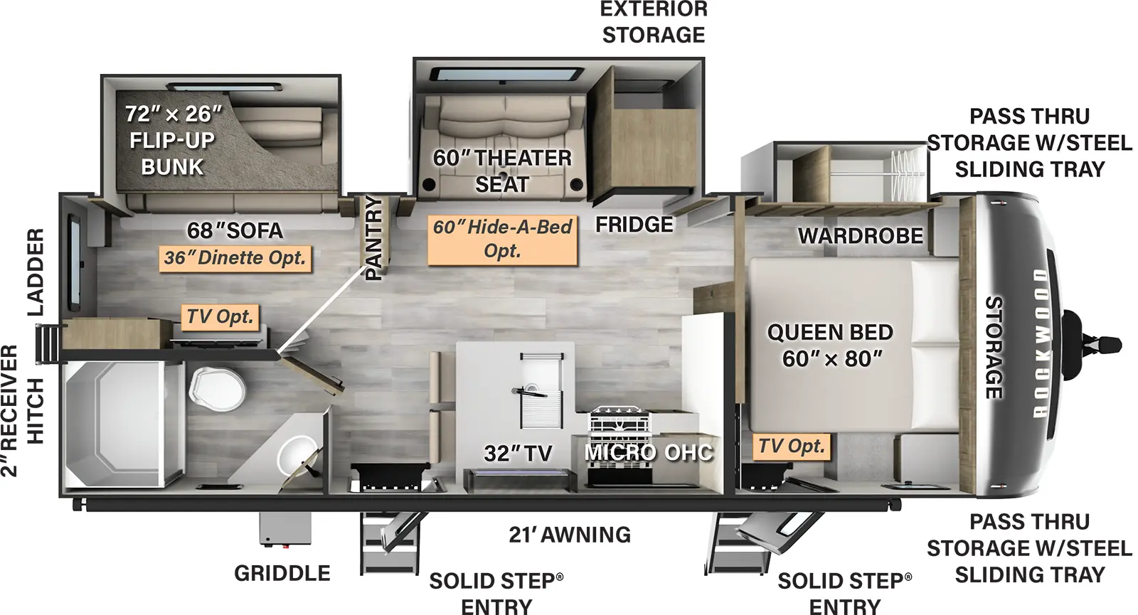 The 2616BH has three slideouts and two entries. Exterior features front pass-thru storage with steel sliding tray, solid step entries, 21 foot awning, griddle, off-door exterior storage, rear ladder, and 2 inch receiver hitch. Interior layout front to back: foot-facing queen bed with overhead storage, off-door side wardrobe slideout, and entry door (optional TV); off-door side slideout with refrigerator and theater seat (hide-a-bed optional); door side kitchen counter with overhead cabinet, microwave, cooktop, TV, kitchen counter wraps to peninsula with chairs, and second entry; rear door side full bathroom; rear off-door side pantry (optional TV), and slideout with flip-up bunk above sofa (dinette optional).